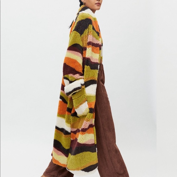 NWT UO Teddy Abstract Animal Print Striped Longline Teddy Coat - Picture 3 of 6